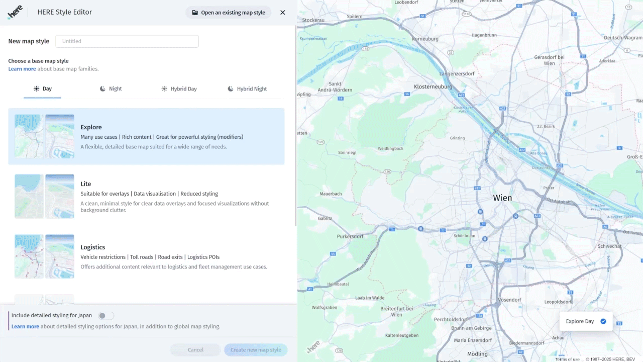 HERE Style Editor Dashboard - better guidance in base style selection